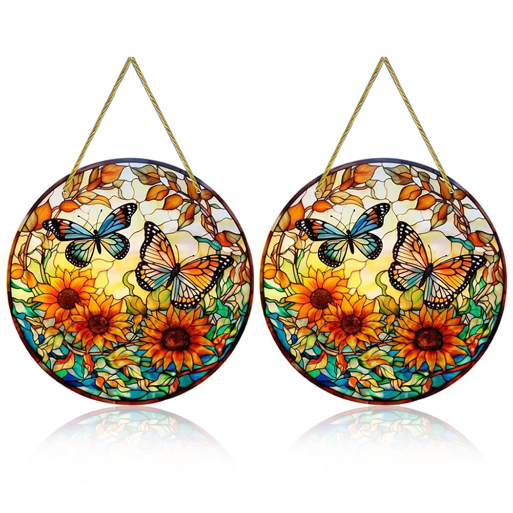 Sdjdhej Sunflower Acrylic Window Hanging, 2 Pcs Butterfly in Sunflower Theme Round Acrylic Stained Hanging Stained Glass Window Hanging for Indoor Outdoor Decor, Housewarming Gift (Butterfly 1)