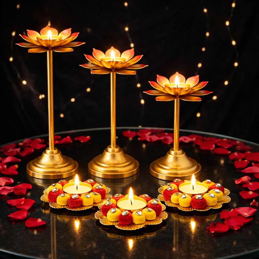 AGAAS Enterprises Metal Lotus Tealight Candle Holder Set of 6 with Rangoli Diya Stand — Gold Diwali Pooja Decoration, Home Décor Table Centerpiece, Festive Gift Set for Housewarming & Navratri