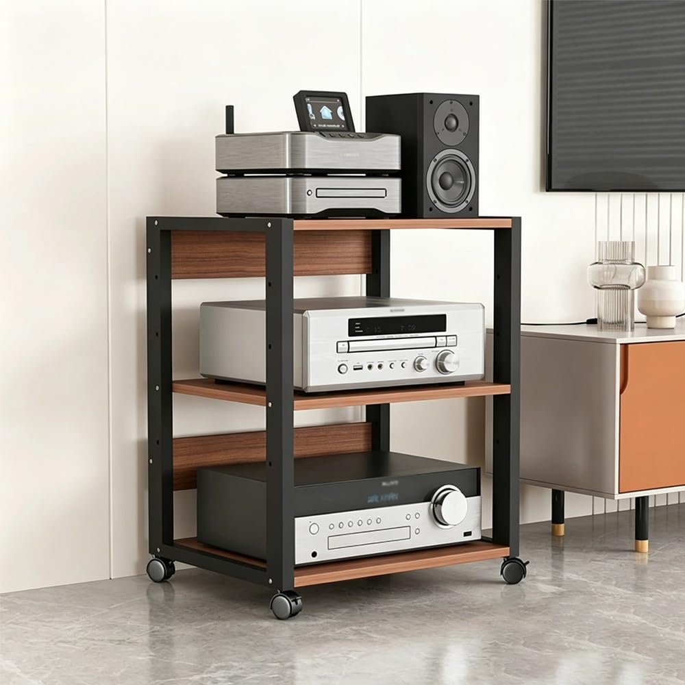 KLerDH Media Racks, Movable HiFi Rack AV Media Stand With Casters 3/4-Tier Amplifier Audio Rac(Teak,3 Tier)