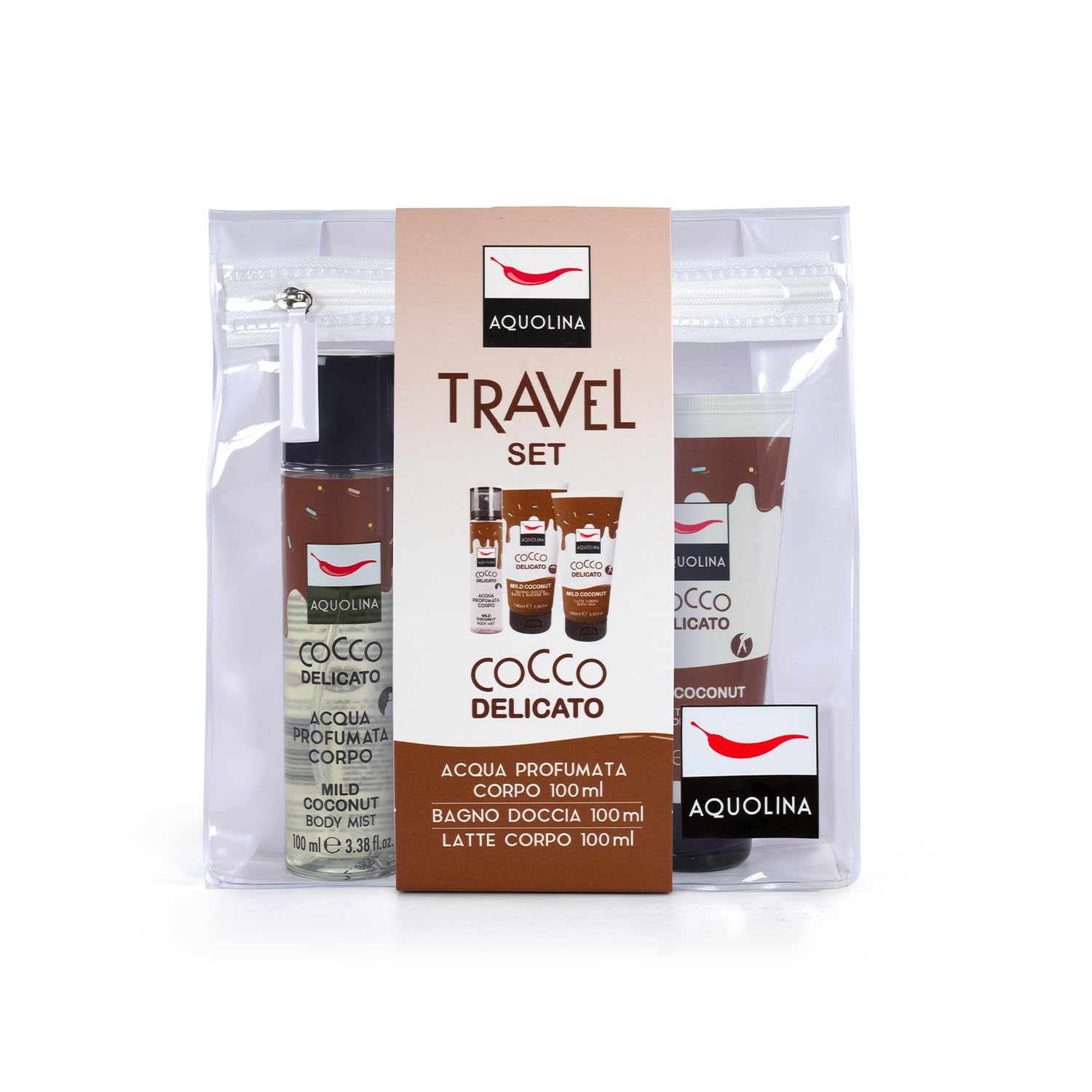 Aquolina, Travel Set Cocco Delicato: Bagno Doccia, Latte Corpo, Acqua Corpo Profumata 100ml