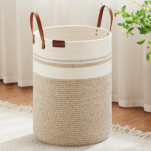Image of VIPOSCO 100L Tall Woven Rope Laundry Hamper, Leather Handles, Brown & White | Large Wicker Laundry Basket for Dirty Clothes, Blanket, Toy, Towel, Yoga Mat, Storage Bin in Bedroom, Bathroom, Living Room