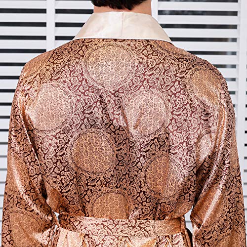 Lu's Chic Men's Satin Pajama Set Silk Bathrobe Shorts Long Sleeves Pockets Soft Kimono Robe Set Golden Us 2Xl (Tag5Xl) #TOP4