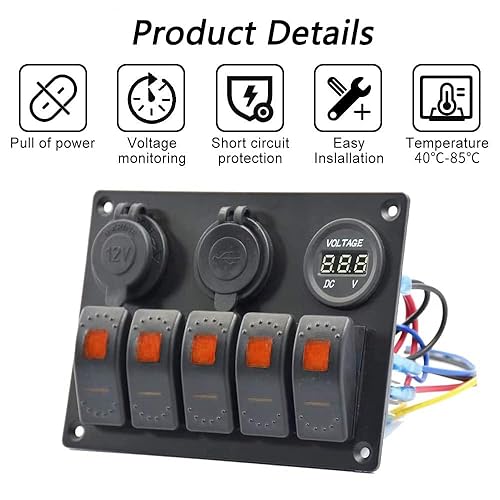 Miniatura 8 de Garfour Panel de interruptor basculante impermeable para barco, panel de aluminio con voltímetro de color de 12 V, QC3.0, doble USB, encendedor de
