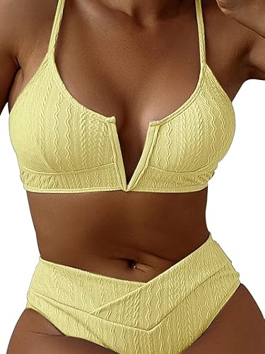 HYTENSUN Women's V Cut High Waisted Bikini Ribbed V-Wired Cami Two Pieces Swimsuit Yellow