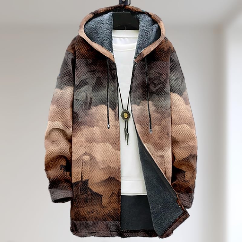Mens Cardigan Sweatshirt Vintage Print Zip Up Fleece Sherpa Lining Hooded Jacket Warm Winter Long Coat with Pocket - Image 2
