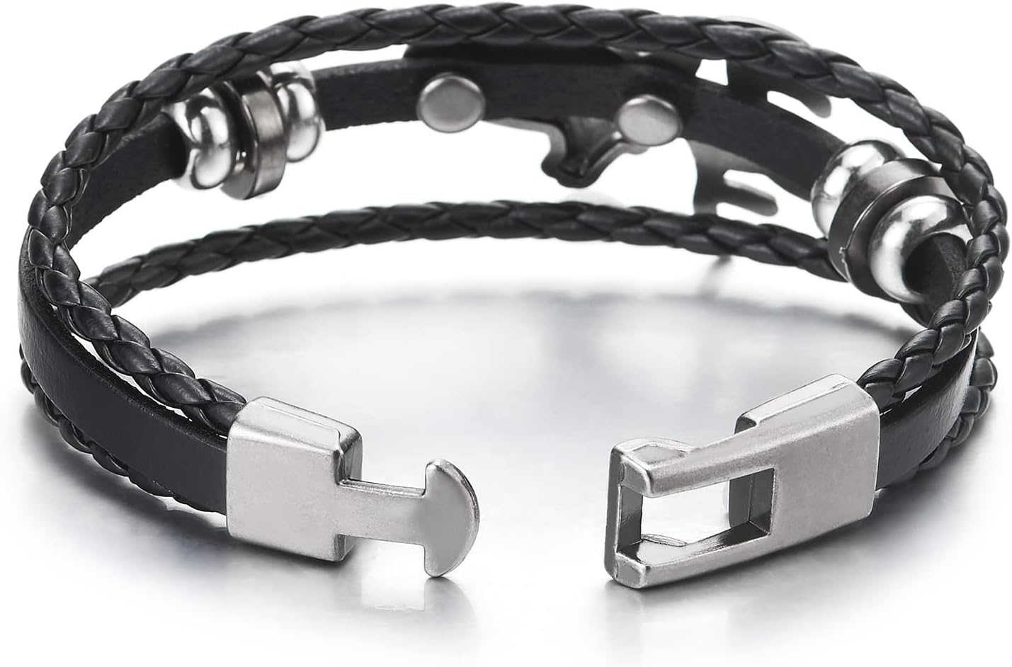 COOLSTEELANDBEYOND Mens Women Three-strand Black Braided Leather Wrap Bracelet with Vintage Deer Charm - Image 3