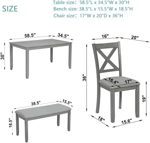 Miniatura 7 de Juego de mesa de comedor de 6 piezas para 4-6 personas, juego de cocina con 4 sillas tapizadas y un banco, sillas de sala de estar con respaldo en