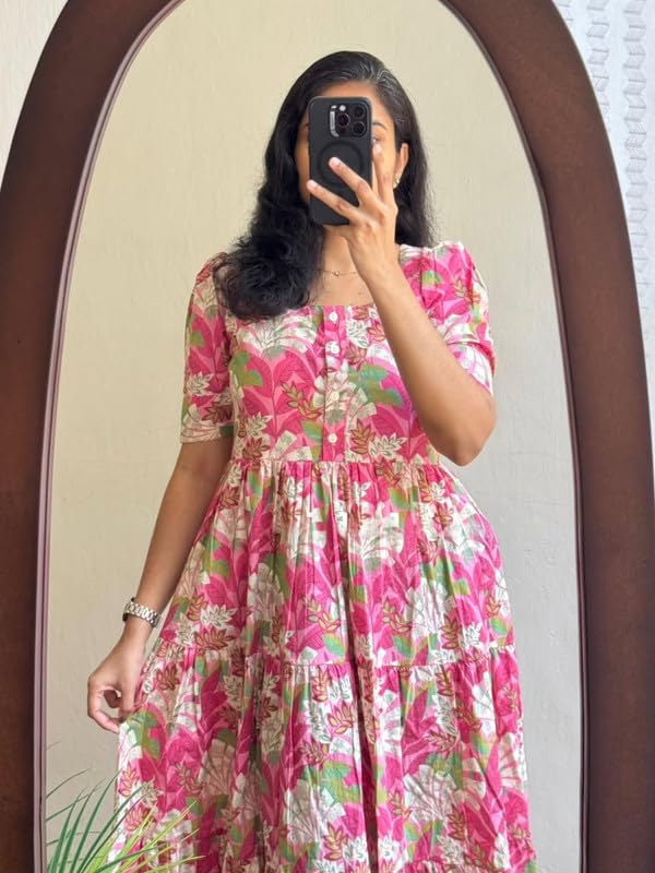 Image of Floral Midi Dress for Women - Summer Boho Dress, Lightweight & Breathable, Elegant Floral Print, Casual & Vacation Outfit, Comfortable Flowy Dress for Women