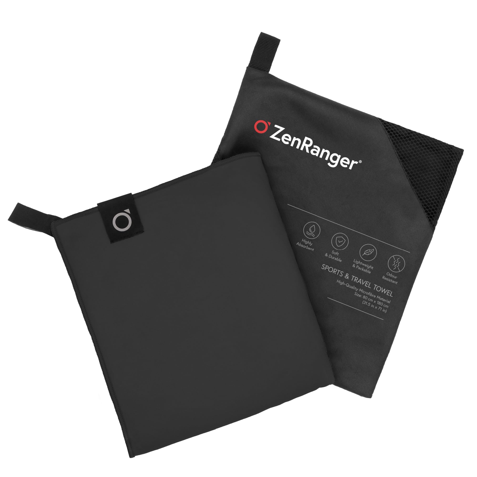 ZenRanger Microfibre Travel & Sports Towel (180 cm x 80 cm) – Highly Absorbent, Soft & Durable, Lightweight & Packable, Odour Resistant – for Camping, Hiking, Beach, Yoga, Swimming (Midnight Black)