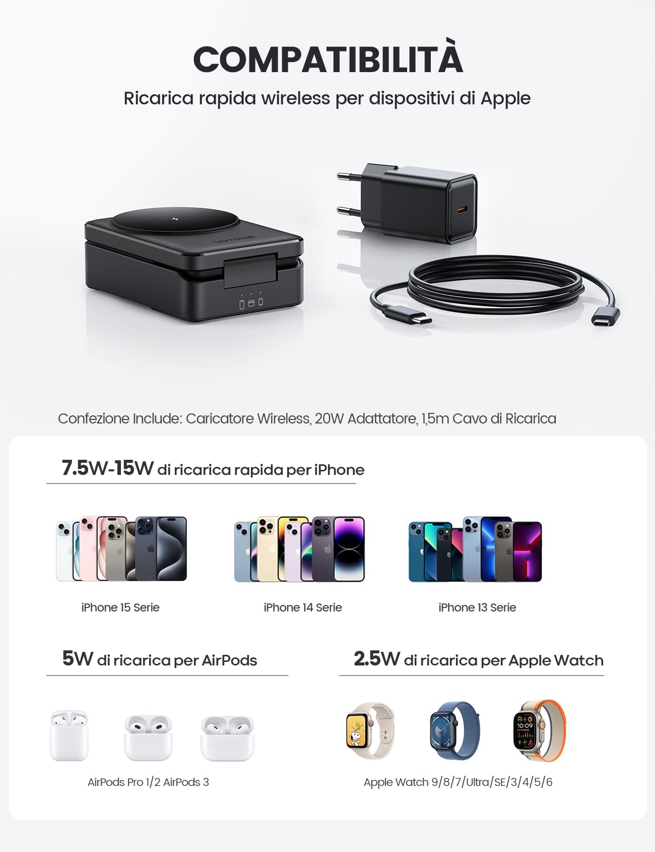 Lamicall 3-IN-1 Caricatore Wireless pour MagSafe - [Pieghevole] Stazione Ricarica da Viaggio, Base Ricarica con Supporto per iPhone 16/15/14/13/12, per AirPods 2/3/Pro, Compatibile con Apple Watch