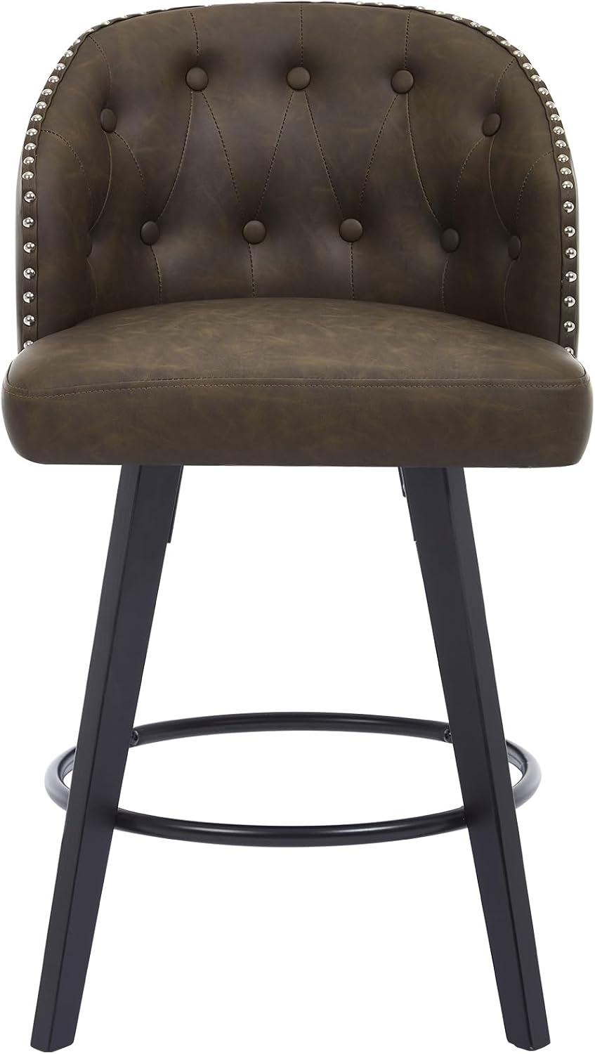 Swivel Bar Stools Set of 4, 25" Counter Height Bar Stools with Tufted Back, Upholstered Wood Bar Chairs with Faux Leather Seat, Modern Counter Stools for Kitchen Island Home Bar, Brown