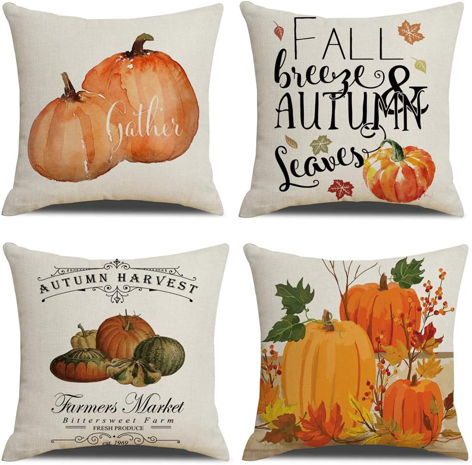 Watercolor Pumpkin Throw Pillow Covers Autumn Harvest Thanksgiving Day Christmas Décor Farmhouse Pillow Case Cushion Cover Square 18" x 18" Set of 4 (Pumpkin-4 Pack)