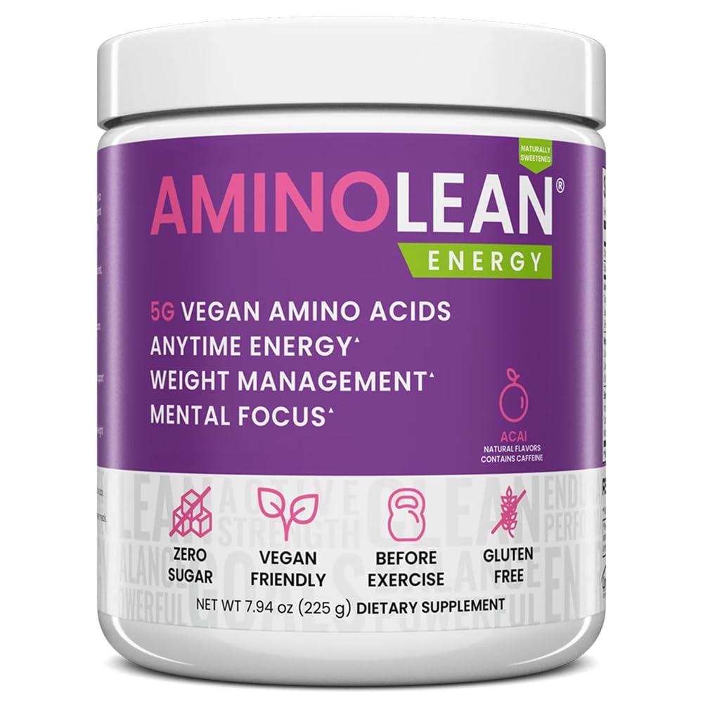 AminoLean Natural Pre Workout Powder, Sucralose Free Amino Energy with No Artificial Dyes, Vegan BCAAs and Weight Management, Acai, 25 Serv