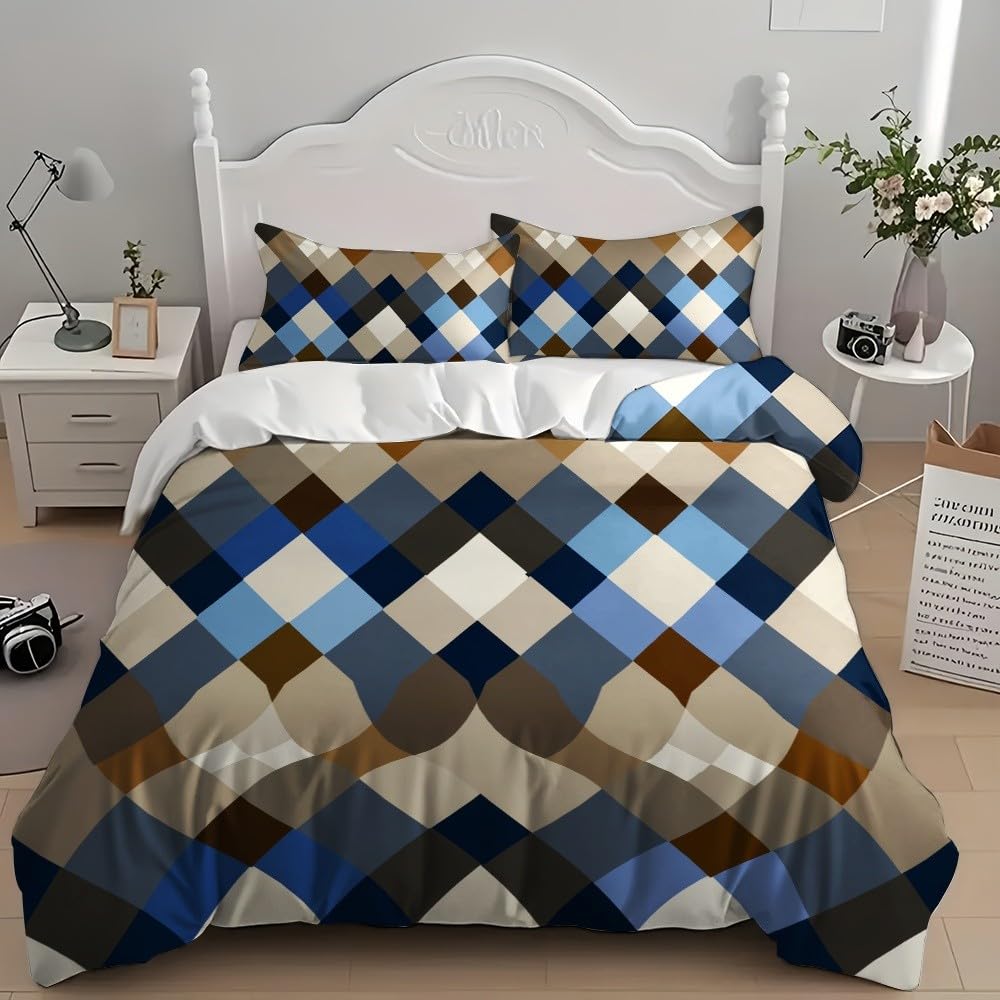 Geometryczny wzór w kratkę 3-częściowy zestaw pościeli, 250 x 200 cm Brązowa poszwa na kołdrę z zamkiem błyskawicznym Miękka i oddychająca poszewka na kołdrę z poszewkami na poduszki 50 x 80 cm