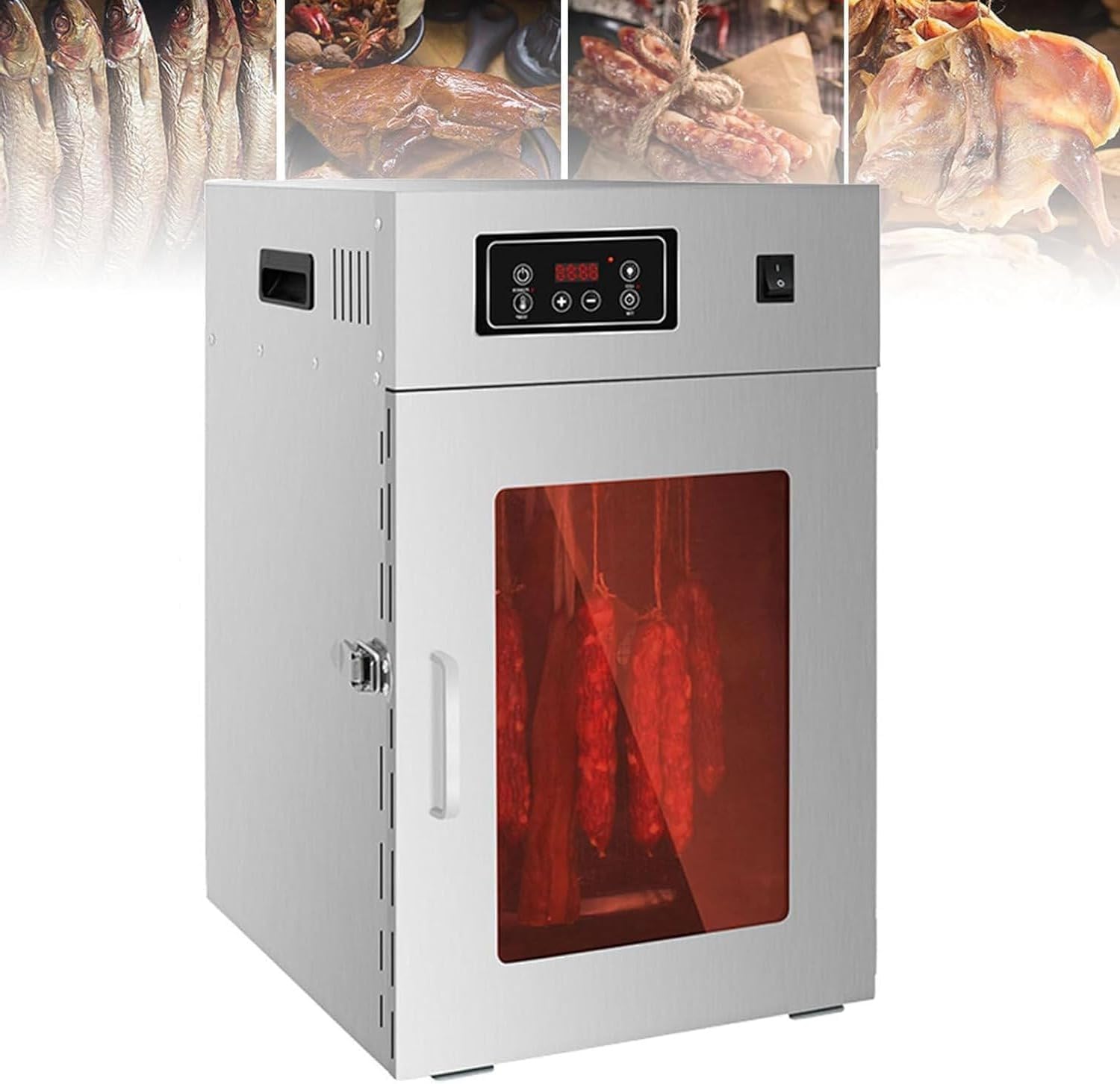 Electric Food Dehydrator, Commercial Meat Dryer, Stainless Steel, 360° Rotary, Temperature Control 30-90℃, Digital Timer, Smart Touch Control for Meat and Fruit