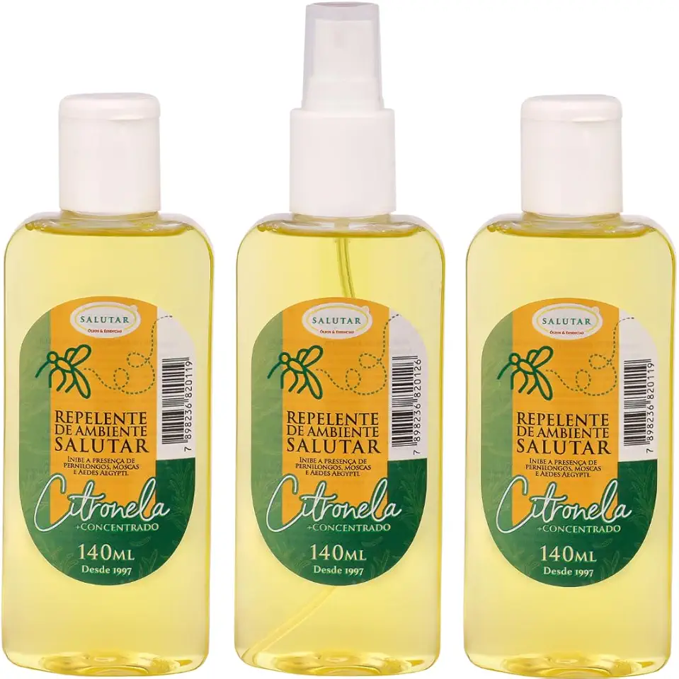 Kit 3 Repelente de Citronela Ambiental Salutar, longa duração, Aromatizador 140 ml cada para Moscas, Mosquitos, Pernilongos, Borrachudo