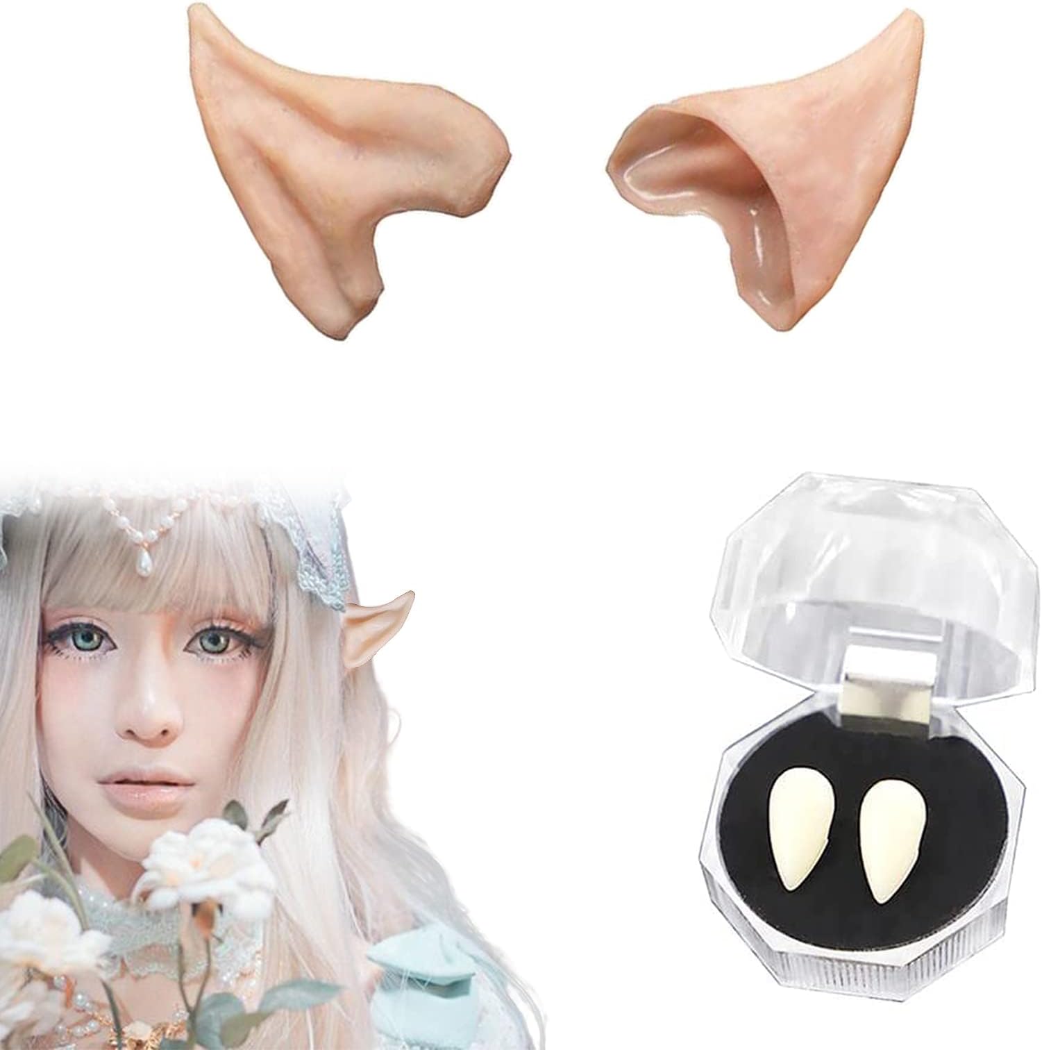 HOMEYA Elf Ears and Vampire Teeth, [1 Pair] Pointed Fairy Ear+[0.6 Inch] Realistic Vampire Fangs,Halloween&Christmas&Party Vampire Cosplay Costume Accessories for Men&Women&Kids