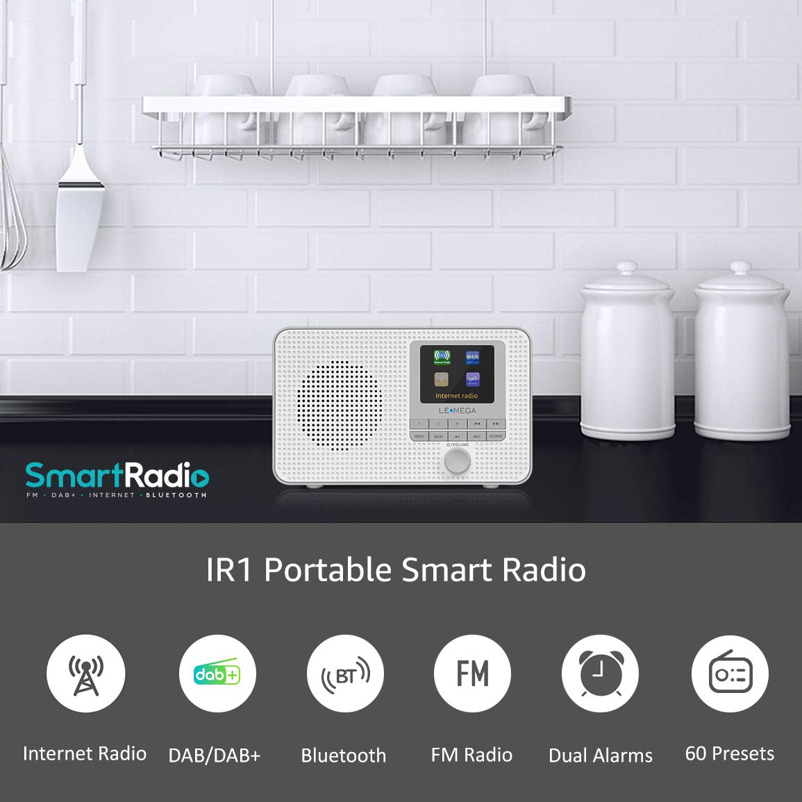 LEMEGA IR1 Tragbares WiFi Internetradio,Dab/Dab+/FM Digitalradio,Bluetooth,Doppelwecker,Schlaf-Snooze-Timer,60 Voreinstellungen,Kopfhörerausgang,Farbdisplay,Batterie- Oder Netzbetrieb, Gris
