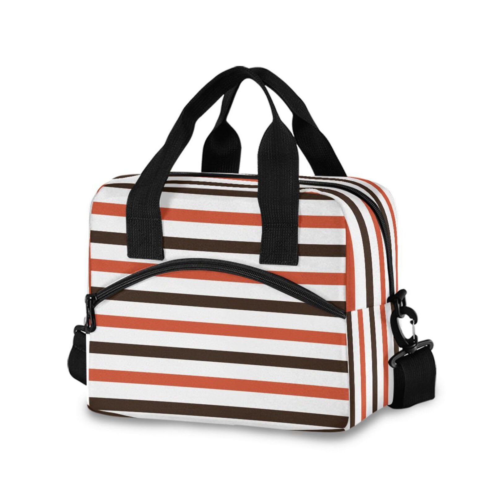 Insulated Lunch Bag Reusable Cooler Stripe Brown Orange Lunch Box Adjustable Shoulder Strap for Adults School Office