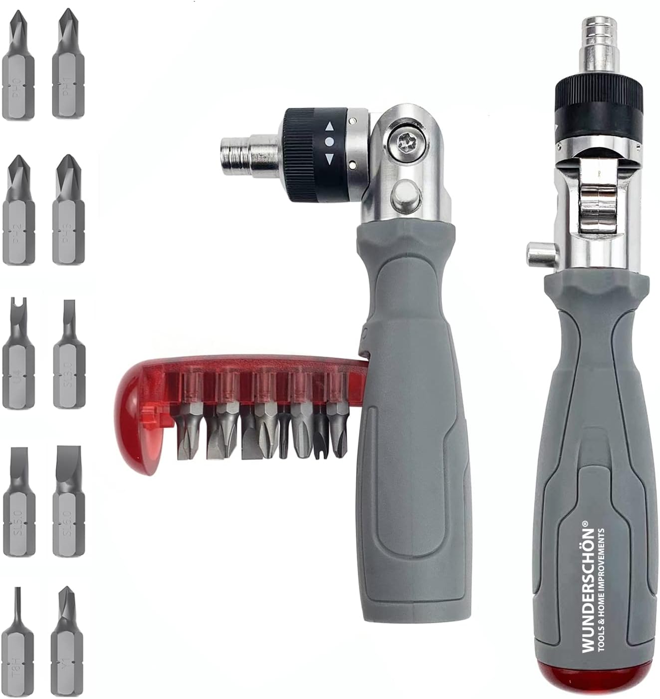 – WUNEDRSCHÖN | Multifunctional Reattaching Screwdriver_10 Built-in Hidden Bits Magnetic Multiangle Ratchet Maintenance Tool Suitable to Repair Automotive, Appliances, Household (Model GR-X10)