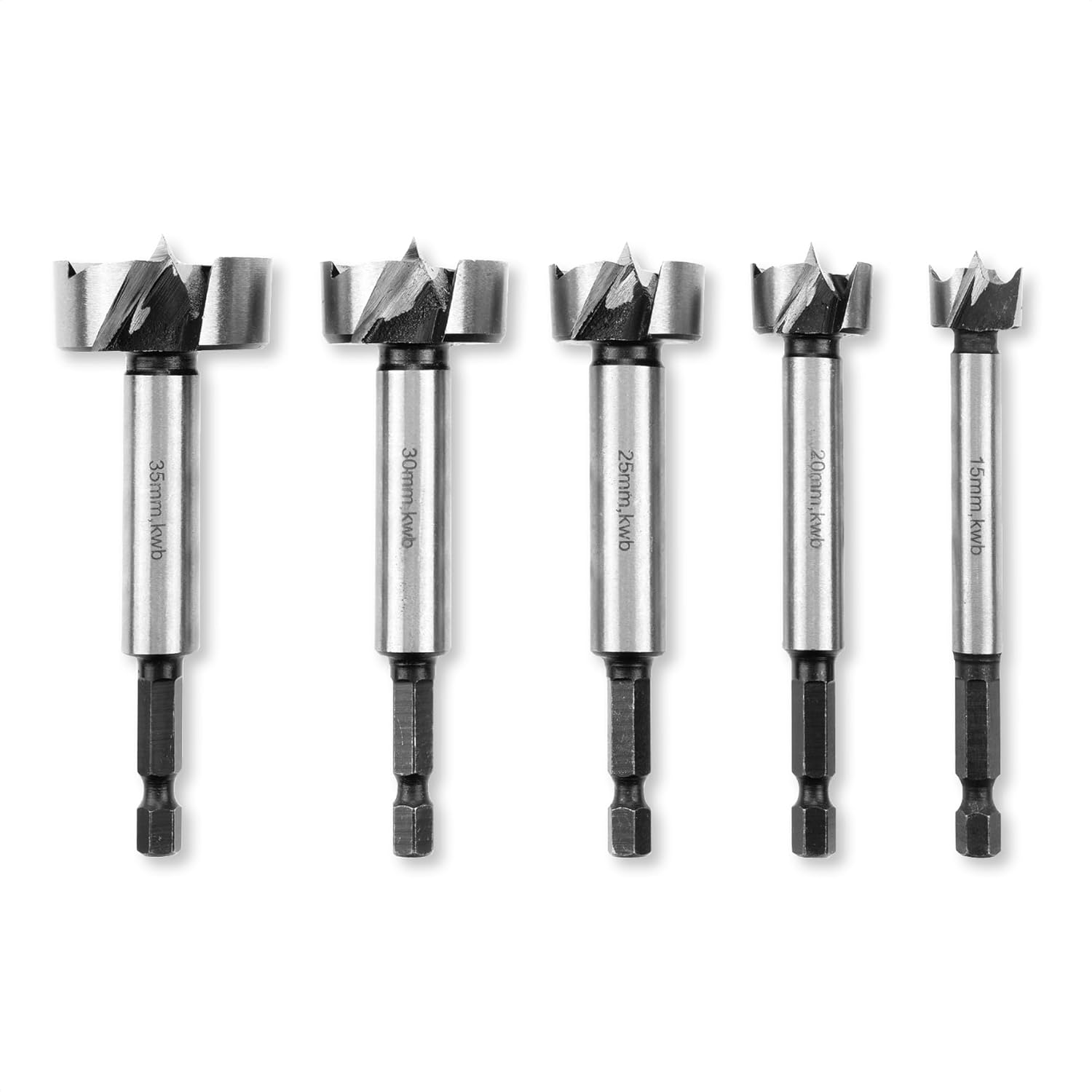 Original Einhell M-Case 5-Piece forstner bit Set (Made of C65 Steel, E 6.3 Shank, Cross Cutting Edge, Centring Tip, Conical Head Shape, 4-Sided Closed Leading Edge incl. Storage Box)
