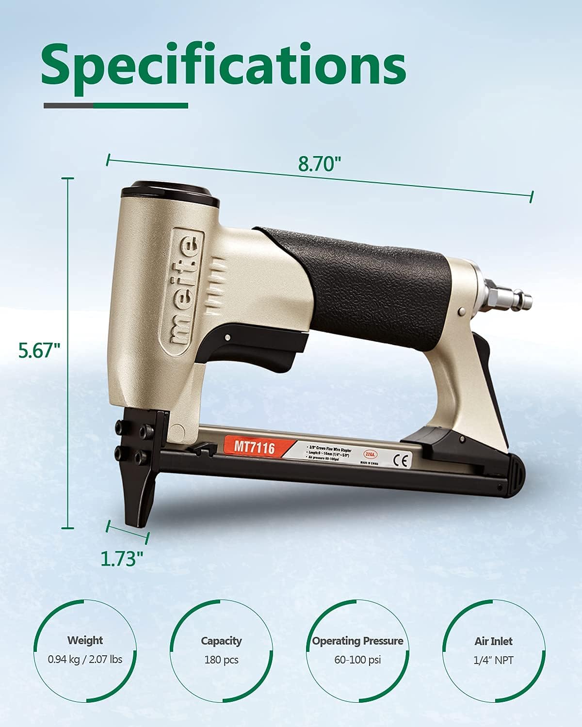 meite MT7116 Upholstery Stapler - 22 Gauge 71 Series 3/8-Inch Crown 1/4-Inch to 5/8-Inch Leg Length Fine Wire Stapler Furniture Stapler - - 