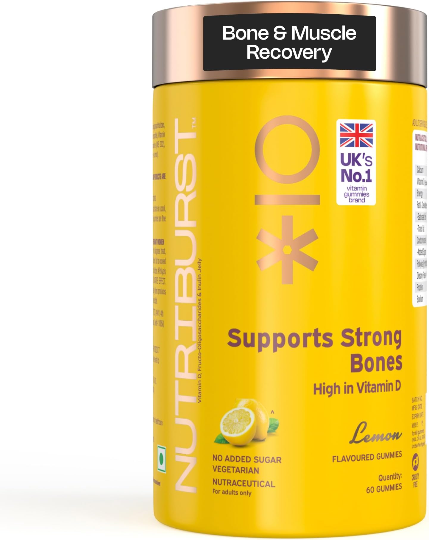 Supports Strong Bones Gummies with Calcium & Vitamin D to Boosts Immunity | No-AddedSugar | Lemon Flavor | 100% Vegetarian | 60 Gummy