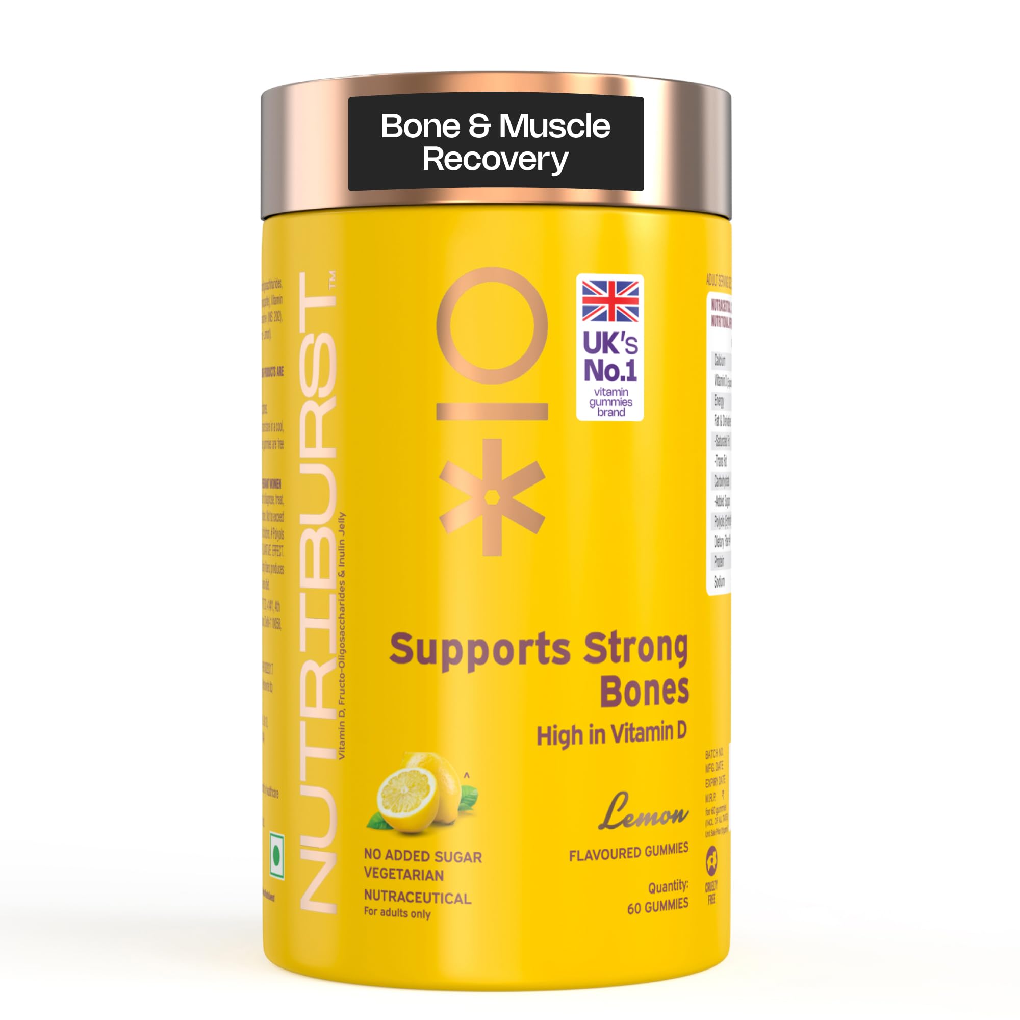 Nutriburst Supports Strong Bones Gummies with Calcium & Vitamin D to Boosts Immunity | No-AddedSugar | Lemon Flavor | 100% Vegetarian | 60 Gummy