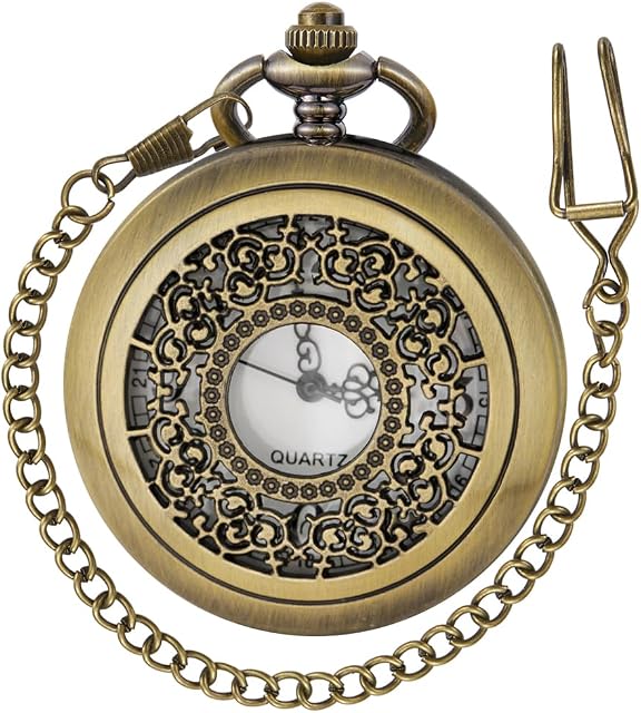 Tiong Pocket Watch Unique Hollow Design Vintage Quartz Pocket Watches with Chain for Christmas Birthday Gifts
