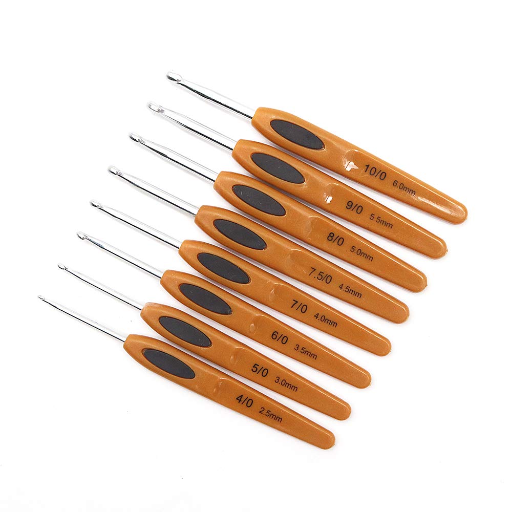 VOANZO 8pcs Brown Soft Plastic Handle Alumina Crochet Hooks Knitting Needles Set (White Hook)