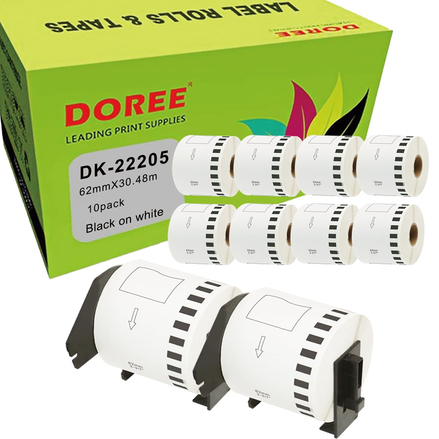 DOREE 10 Rotoli DK-22205 Etichette Continue,62 mm x 30,48m Rotolo etichette, Per Stampante etichette Brother QL-500,QL-550,QL-570,QL-700,QL-800,QL-1050,QL-1100(2 Portaetichette Riutilizzabili)