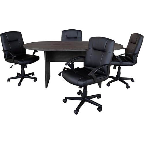 Flash Furniture Lake 5 Piece Rustic Gray Oval Conference Table Set with 4 Black LeatherSoft-Padded Task Chairs