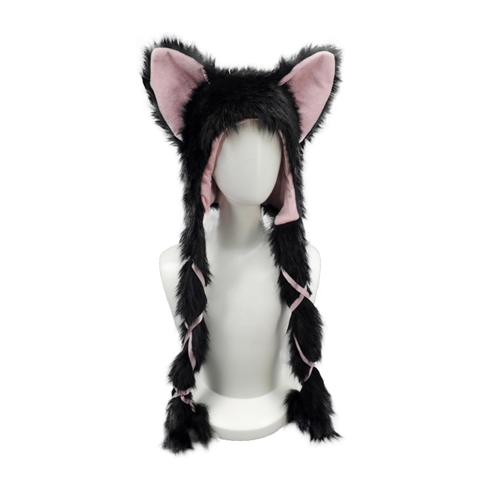 Lovely Furry Cat Ear Beanie Hat with Braided Tassels Plush Faux Fur Hood Cute Animal Fox Ears Winter Warm Cap for Halloween Party Cosplay Costume Head Accessories - Image 3