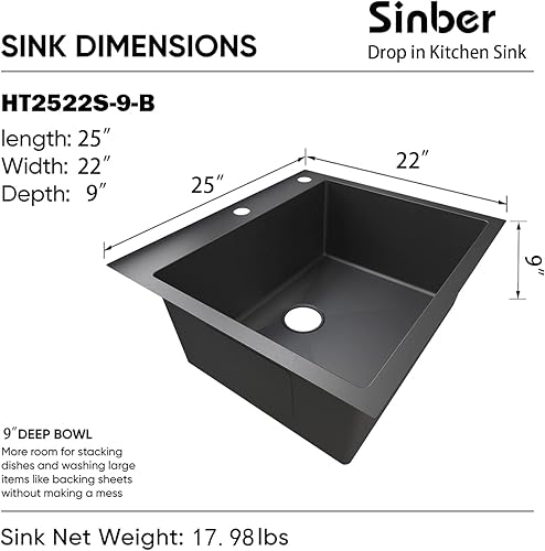 Miniatura 4 de Sinber HT3322S-9-B - Fregadero de cocina de 33 x 22 x 9 pulgadas, con caída individual con acabado negro de acero inoxidable 304 calibre 18 (solo