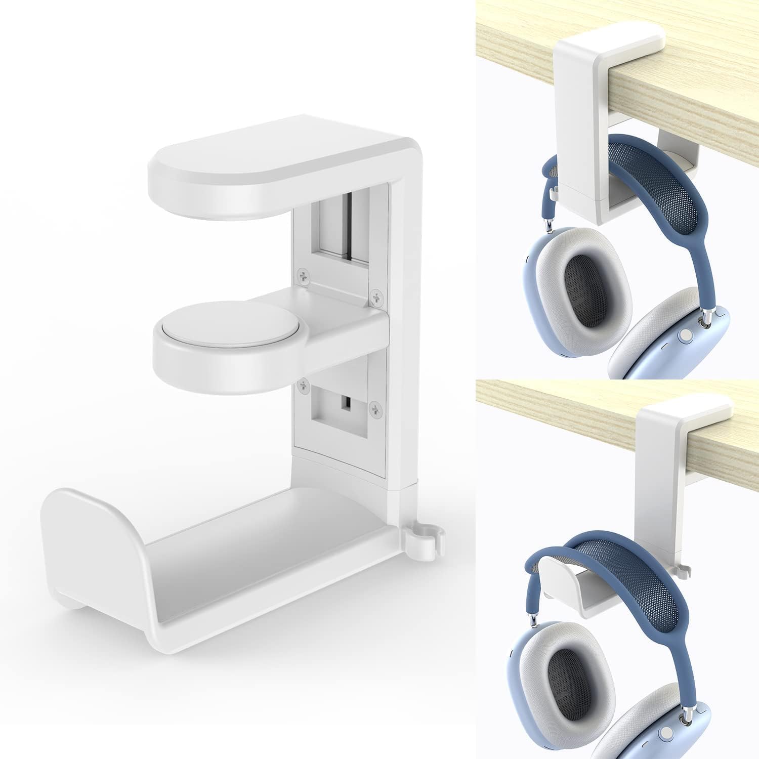 Rotating Headphone Stand - PC Gaming Headset Stand, Adjustable Clamp-on Headphone Holder, Headphone Hanger Hook Under Desk with 360 Degree Swivel&Cable Clip Organizer - White