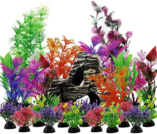 PietyPet Aquarium Decorations Plants with Rockery View, 25pcs Aquarium Decor Plants and Rock Cave Hideout Ornaments, Fish Tank Accessories, Fish Tank Plants Plastic Decoration for Aquariums