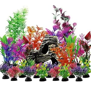 Decorazioni Acquario, PietyPet 25 Pezzi Colorato Pianta Piante Artificiali Acquario Kit con Ornamento Paesaggio Grotta Acquario Decoro per Acquario Decor