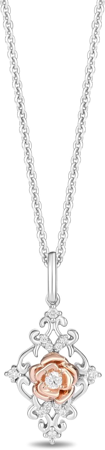 Jewelili Enchanted Disney Fine Jewelry 14K Rose Gold over Sterling Silver with 1/6 CTTW Diamond Belle Pendant Necklace