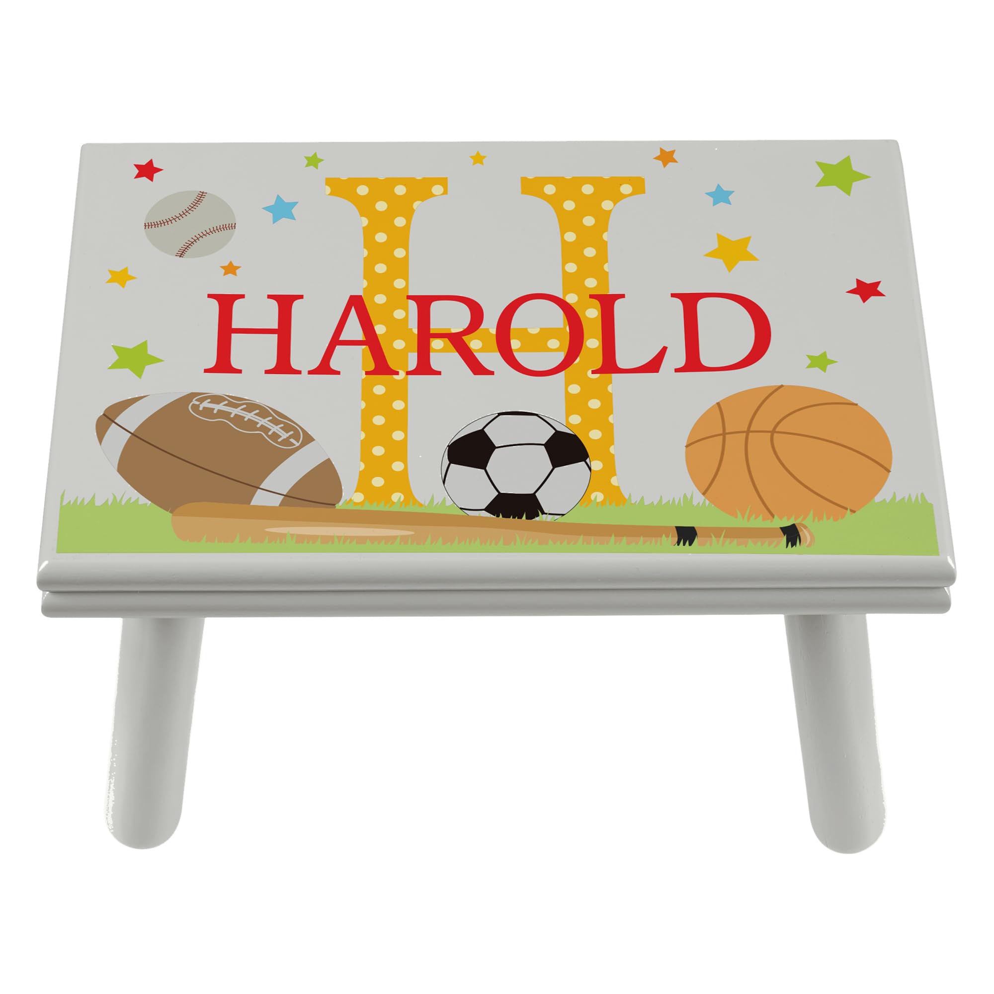 Let’s Make Memories Personalized My Own Name Step Stool - Children’s Step Stool - Sturdy Wood – Non-Toxic Paint, Sealer - Sports Design - Gray - 14’Wx9.25”Lx8.75”H - Ages 3+