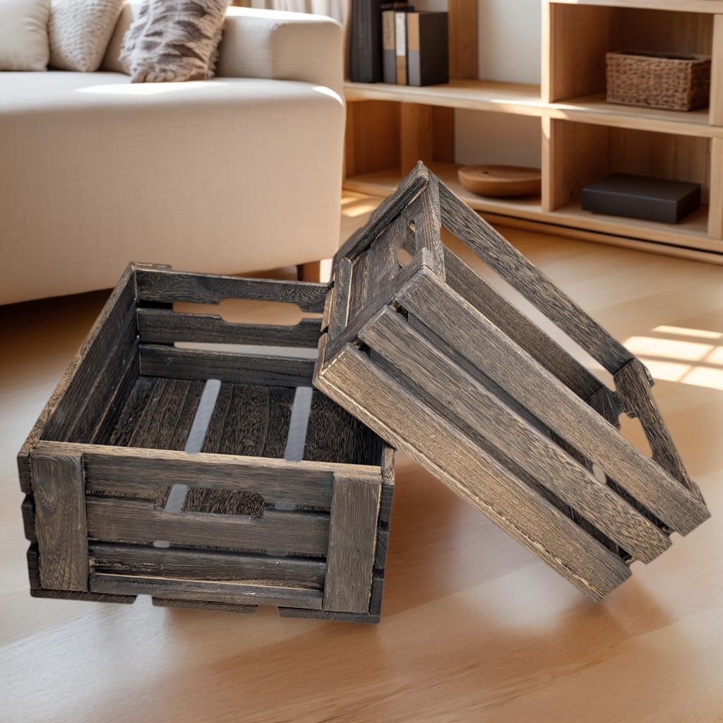 ARTAWEIN Rustic Vintage Finished Wooden Crate with Handles - Nesting Storage, Display, Organization Crate for Party, Office, Bedroom, Kitchen and Closet (Rustic Black set of 2)