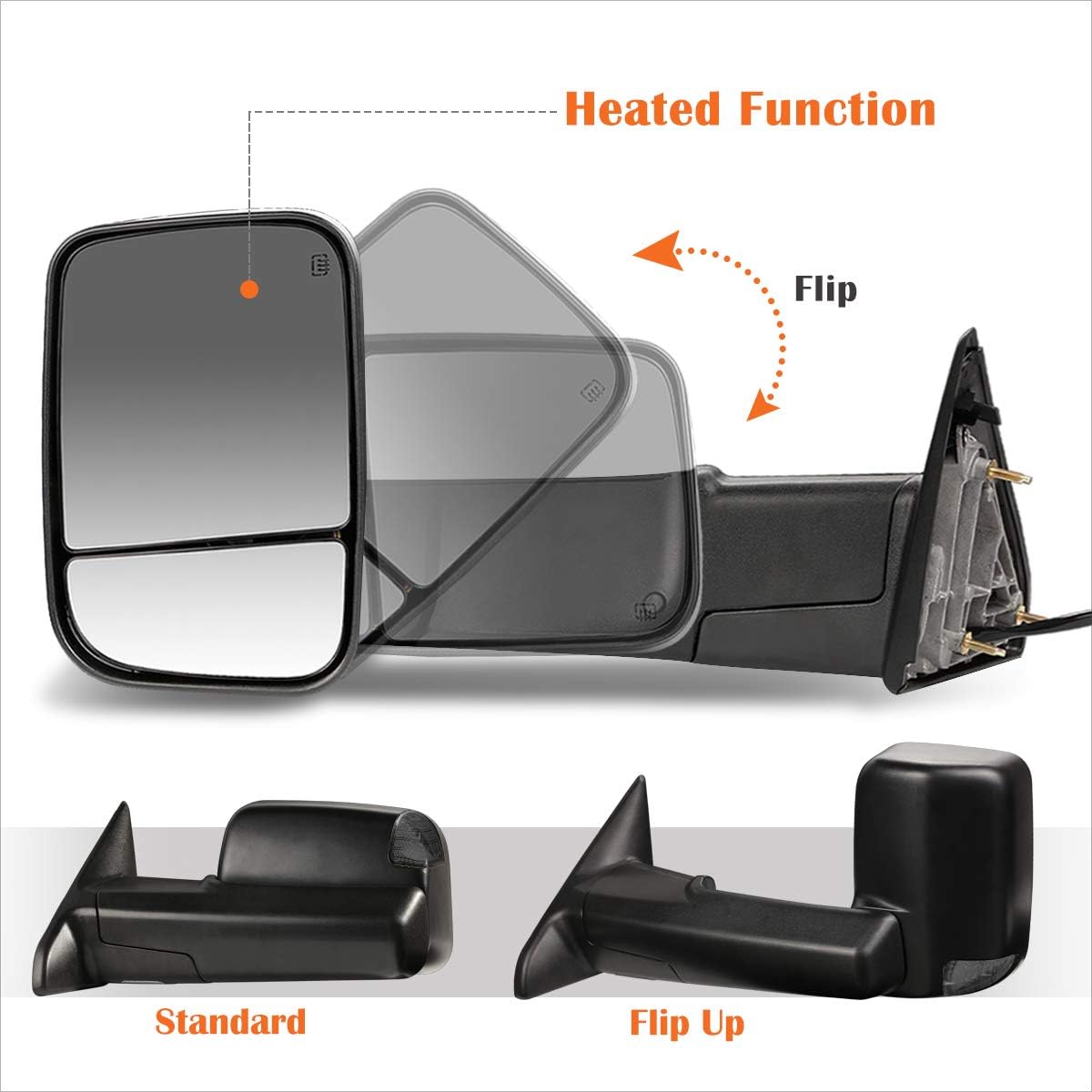 [Pair] Power Heated Tow Towing Mirrors Side Mirrors w/Smoked LED Signal Compatible with 09-16 Dodge Ram 1500-5500,Black