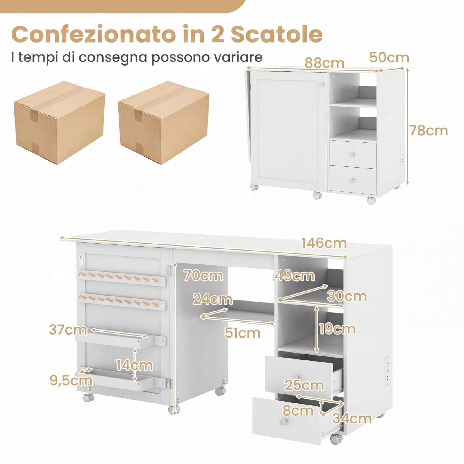 COSTWAY Mobile per Macchina da Cucire Pieghevole con Stazione di Ricarica | Tavolo da Cucito da Casa con Ruote Bloccabili, Cassetti, Scomparti, Ripiano, Mensole e Ganci