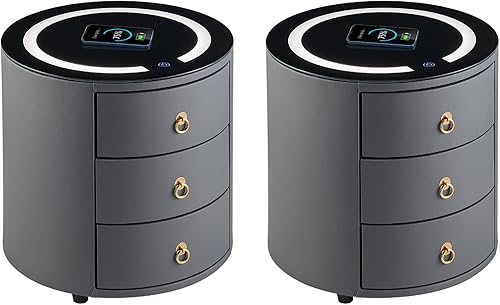 CLIPOP Juego de 2 mesitas de noche modernas con 3 cajones, mesitas de noche inteligentes con estación de carga inalámbrica, luz LED ajustable, mesa