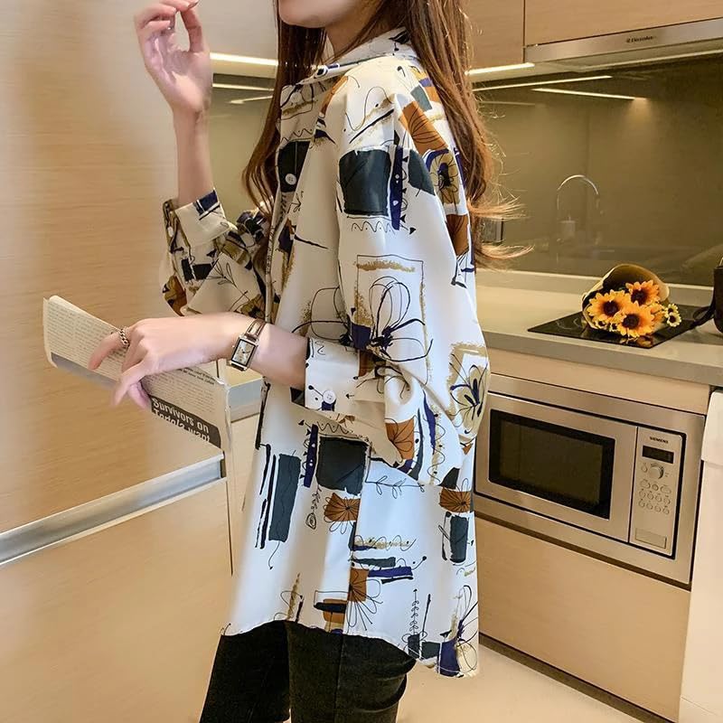 Image of ROYALICA Women's Short Sleeve Drop Shoulder Collared Blouse Button Down Graphic Print Blouse Shirts Top