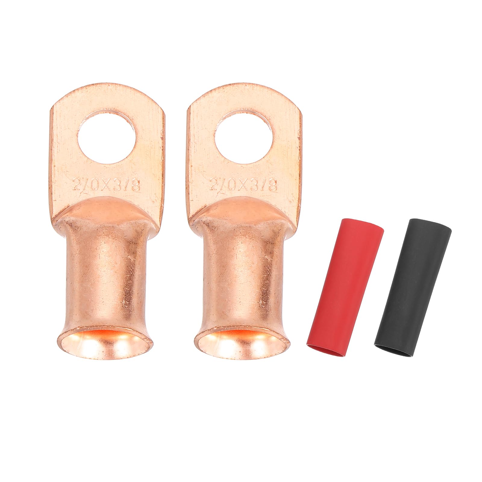 sourcing map 2pcs 2/0 AWG M10 Battery Lugs Ring Terminals, 3/8" 10mm Stud Crimp Wire Terminal Connector End Copper, 2:1 Heat Shrink Tubing, Gold