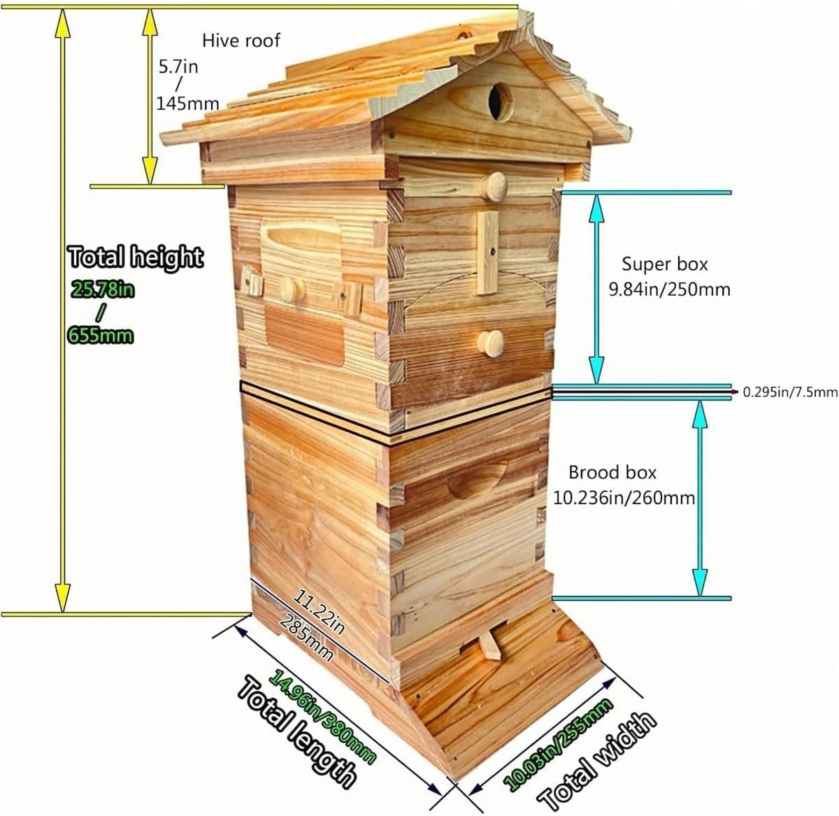 Self-Flowing Honey Beehive Kit with Observation Window & Honey Spout, Complete Wooden Beekeeping Box with 4 Frames & 6 Honeycomb Trays for Garden Pollinators