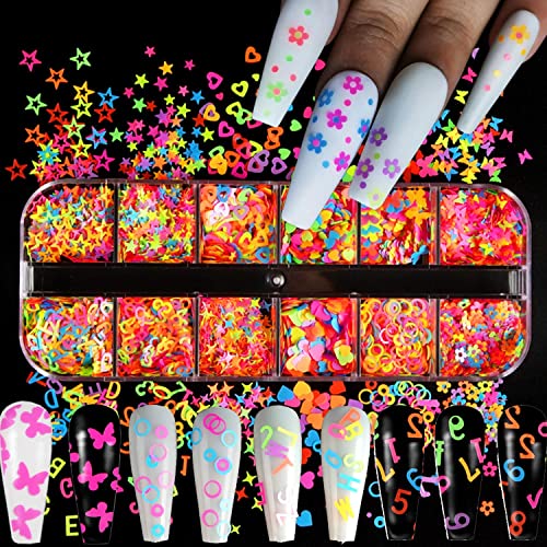 Kachimoo Fluorescent Glitter Nail Art Sequins,Holographic Nail Art Glitters Sequins 3D Glitters Flakes Love Heart Butterfly Flowers Letters Stars For Nail Art Decorations #TOP4