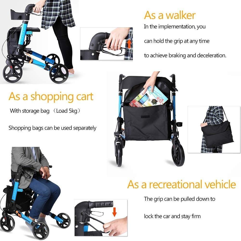 Zakupy Rollator Seniors Walker Lekka rama do chodzenia Pomoc Mobilność Wózek Wózek Skuter Składany z torbą 4 koła dla osób starszych Double the comfort