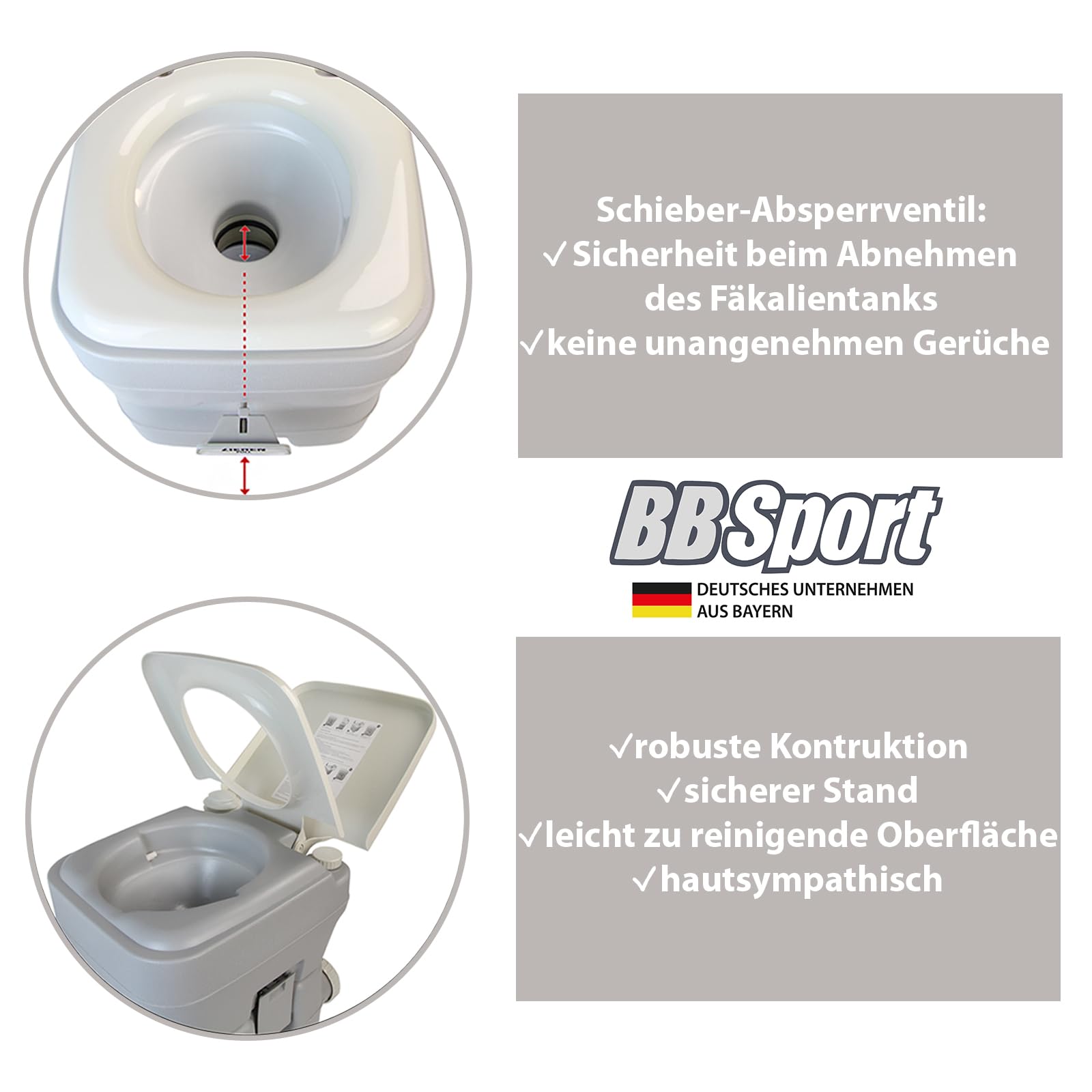 Montafox Camping Toilette 20 L Angenehme Sitzhöhe Tragbare Reise Toilette bis 130 kg Wohnwagen Camper Wohnmobil WC