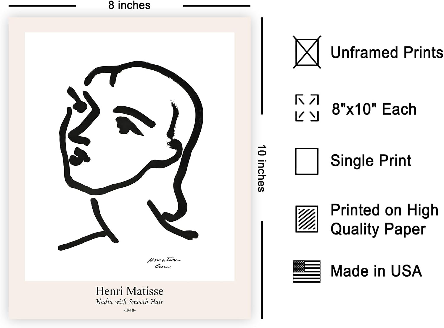 Poster Master Vintage Henri Matisse Poster - Retro Nadia With Smooth Hair Print - Drawing Art - Black and White Illustration - Minimal Piece - Office or Living Room Decor - 8x10 UNFRAMED Wall Decor